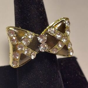 Gold Tone Rhinestone Brown Enamel Bow Adjustable Fashion Ring Bling Statement